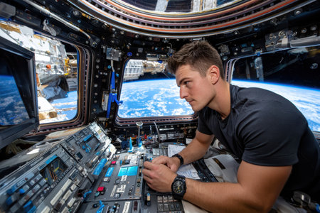 An astronaut works diligently at the control panel inside the ISS, observing Earth through the window.の写真素材