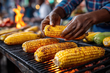 Vendors grill sweet corn over an open flame at a lively street market during a sunny day.の写真素材