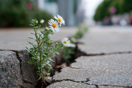 Small white flowers with yellow centers bloom in cracked concrete, highlighting nature's resilience in the city.の写真素材
