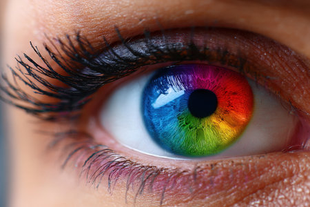 Close-up of an eye displaying a stunning spectrum of rainbow colors along with long eyelashes.の写真素材