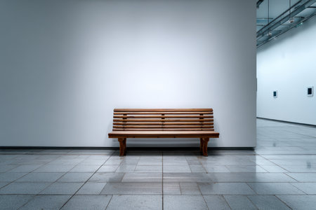 A wooden bench sits alone in a bright gallery, surrounded by plain white walls and a sleek floor.の写真素材