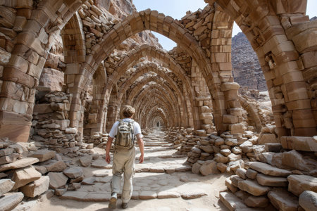 A traveler explores a series of majestic stone arches set amidst a rocky landscape in the desert.の写真素材