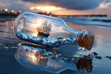 A glass bottle containing a detailed ship washes ashore as waves crash under a colorful twilight sky.の写真素材