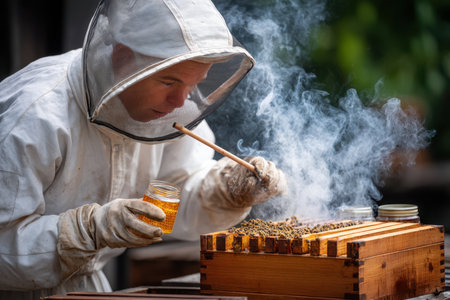 A beekeeper carefully extracts honey from a hive, surrounded by smoke, in a tranquil garden.の写真素材