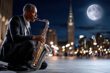 A talented musician kneeling and playing saxophone in a lively urban area illuminated by moonlight.の写真素材