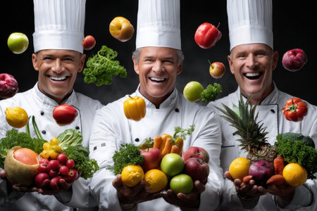Three chefs smile widely while tossing various fresh fruits and vegetables in a vibrant kitchen environment.の写真素材