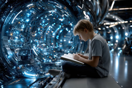 A boy sits quietly, engrossed in a book, surrounded by a glowing futuristic tunnel filled with light.の写真素材