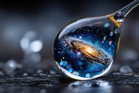A crystal clear droplet showcases a vibrant galaxy inside, featuring bright stars and cosmic colors.の写真素材