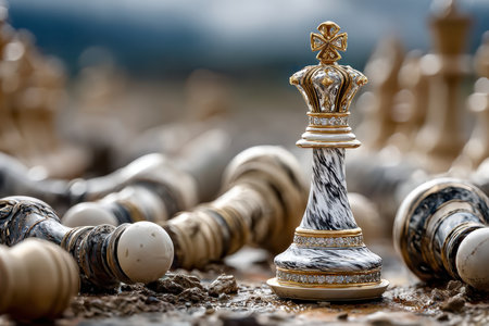 A detailed chess king piece stands out against a backdrop of fallen chess pieces outdoors, creating a striking contrast.の写真素材