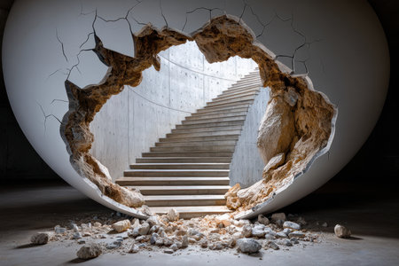 Unique construction showcases broken wall revealing a modern staircase within a circular space.の写真素材
