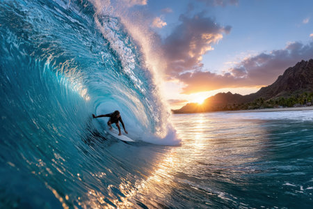 A male surfer skillfully maneuvers through a breaking wave as the sun sets over the horizon, illuminating the water.の写真素材