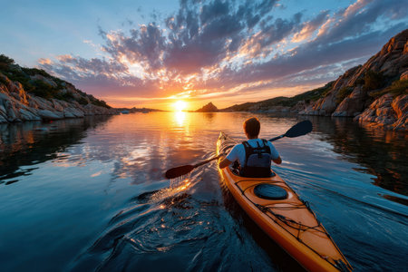 A person kayaking peacefully on still waters as a colorful sunset paints the sky and reflects on the surface.の写真素材