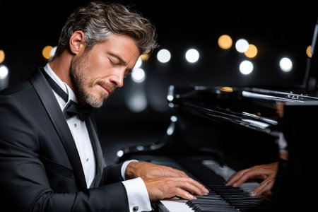 A talented musician in a tuxedo plays piano with focus and passion under soft stage lights.の写真素材