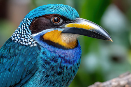 A close-up of a vibrant tropical bird, under natural light, shot with a telephoto lens, highlighting the beauty and diversity of natureの写真素材