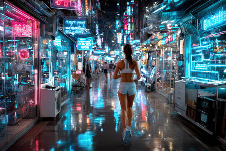 Jogger navigates a colorful market filled with neon lights and reflective surfaces during nighttime.の写真素材