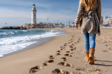 A person strolls on the sandy beach next to the ocean, approaching a lighthouse under a clear sky.の写真素材