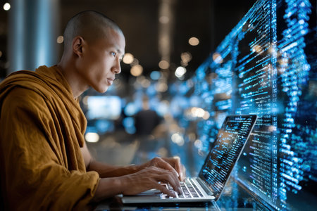 A monk in traditional attire works intently at a laptop in a contemporary tech environment filled with screens.の写真素材