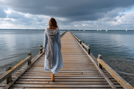 A woman strolls along a long wooden pier extending into a calm body of water beneath cloudy skies.の写真素材