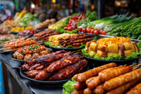 Closeup view of a variety of grilled street food on displayの写真素材
