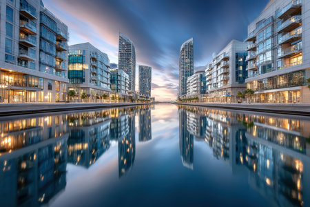 Modern buildings reflect in still water at twilightの写真素材