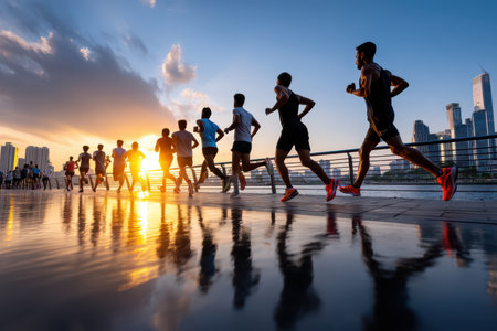 Groups of runners make their way along a waterfront path as the sun sets, casting colorful reflections on the pavement.の写真素材