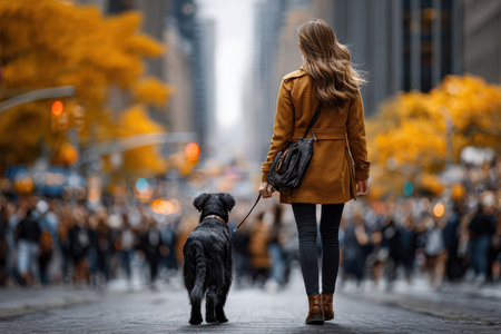 A woman in a yellow coat walks her dog along a busy city street lined with vibrant autumn trees.の写真素材