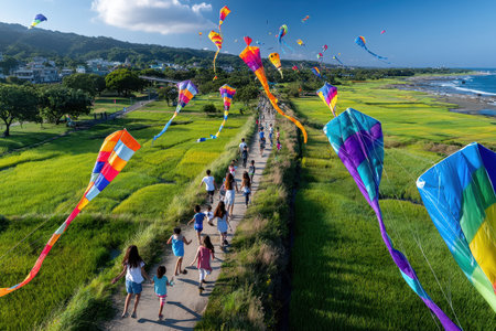 A group of people enjoys kite flying in a vibrant green field near the coastの写真素材