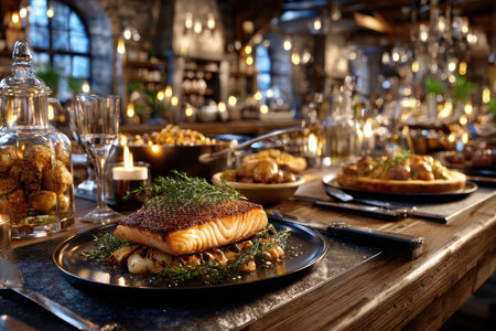 A delicious gourmet meal, set in a rustic kitchen, under warm, inviting lighting, with a surprise hint of steamの写真素材