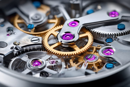 Closeup of intricate watch mechanism with gears and jewelsの写真素材