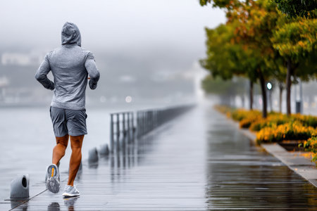 A man jogging on a foggy morning, shot with a telephoto lens, symbolizing determination and resilienceの写真素材