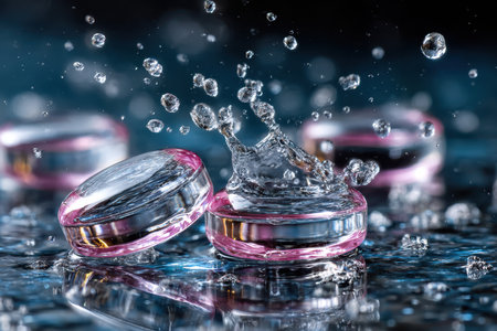 Closeup of water splashing on glass stones with pink rimsの写真素材