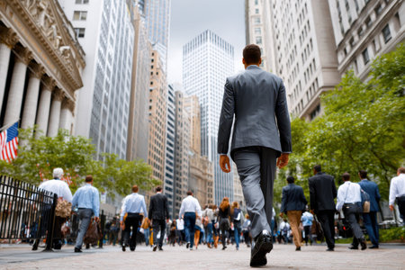 A businessman walking in a busy financial district, shot with a tilt-shift lens, symbolizing the hustle and bustle of corporate life, ultrarealistic photo --ar 3:2 --raw --profile nk3i4wf --stylize 250 --v 7の写真素材