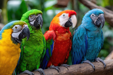 Four colorful macaws perch together on a branchの写真素材