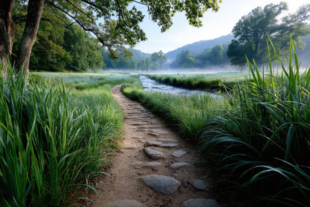 A stone path winds through tall grass alongside a misty stream at sunriseの写真素材
