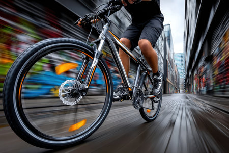A cyclist rides a mountain bike at high speed down a city streetの写真素材