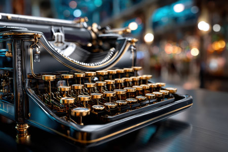 A closeup of an antique typewriter with gold keysの写真素材