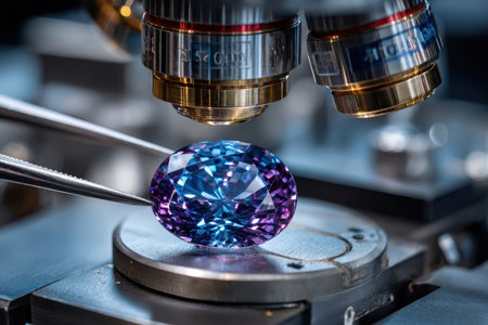 A gemstone is examined under a microscope in a laboratory settingの写真素材