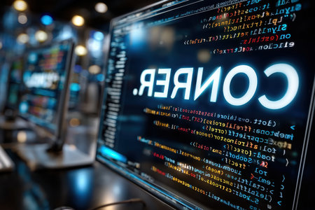 A computer monitor displays lines of code in a darkened roomの写真素材