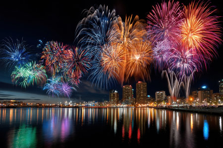 Fireworks explode over a city skyline reflected in dark water at nightの写真素材
