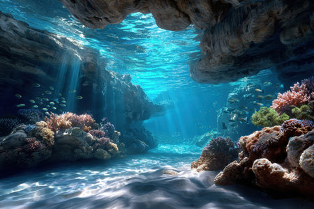 A sunlit underwater cave with a coral reef and schools of fishの写真素材