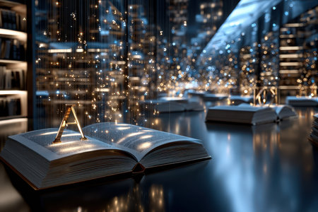 An open book in a dimly lit library, surrounded by floating letters that create a whimsical atmosphere.の写真素材