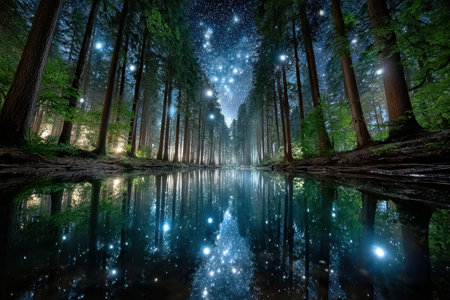 A surreal image of a mirror reflecting the night sky, shot in a dark forest with a wide-angle lens, creating a sense of mystery and wonderの写真素材