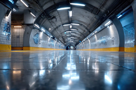 An empty, brightly lit subway tunnel with graffiti and reflective tiled floorsの写真素材