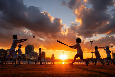 Kids swing bats and run as the sun sets over the skyline, casting long shadows in the park.の写真素材