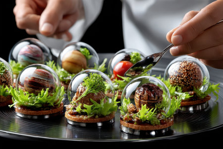 Intricate gourmet treats are artfully arranged on a black platter, showcasing creativity and elegance.の写真素材