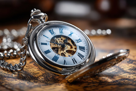 An open pocket watch with a silver case and chain rests on an antique mapの写真素材