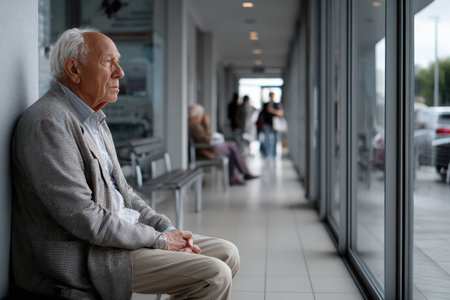 An elderly man sits calmly on a bench, reflecting while others walk by in a contemporary waiting area.の写真素材