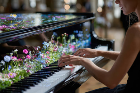 A pianist plays a grand piano adorned with vibrant flowers, captivating the audience in an elegant setting.の写真素材