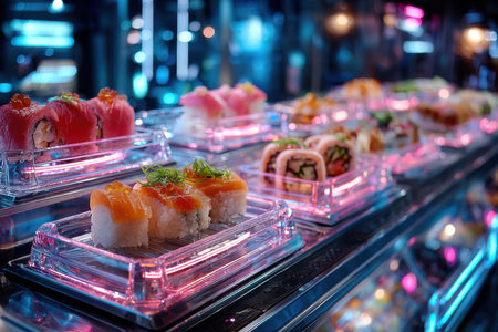 Various sushi dishes are presented on a conveyor belt in a modern restaurantの写真素材
