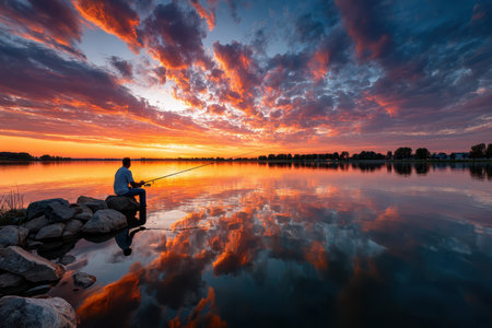 A person enjoys fishing at sunset, surrounded by calm water and an array of colorful clouds reflecting the sky.の写真素材